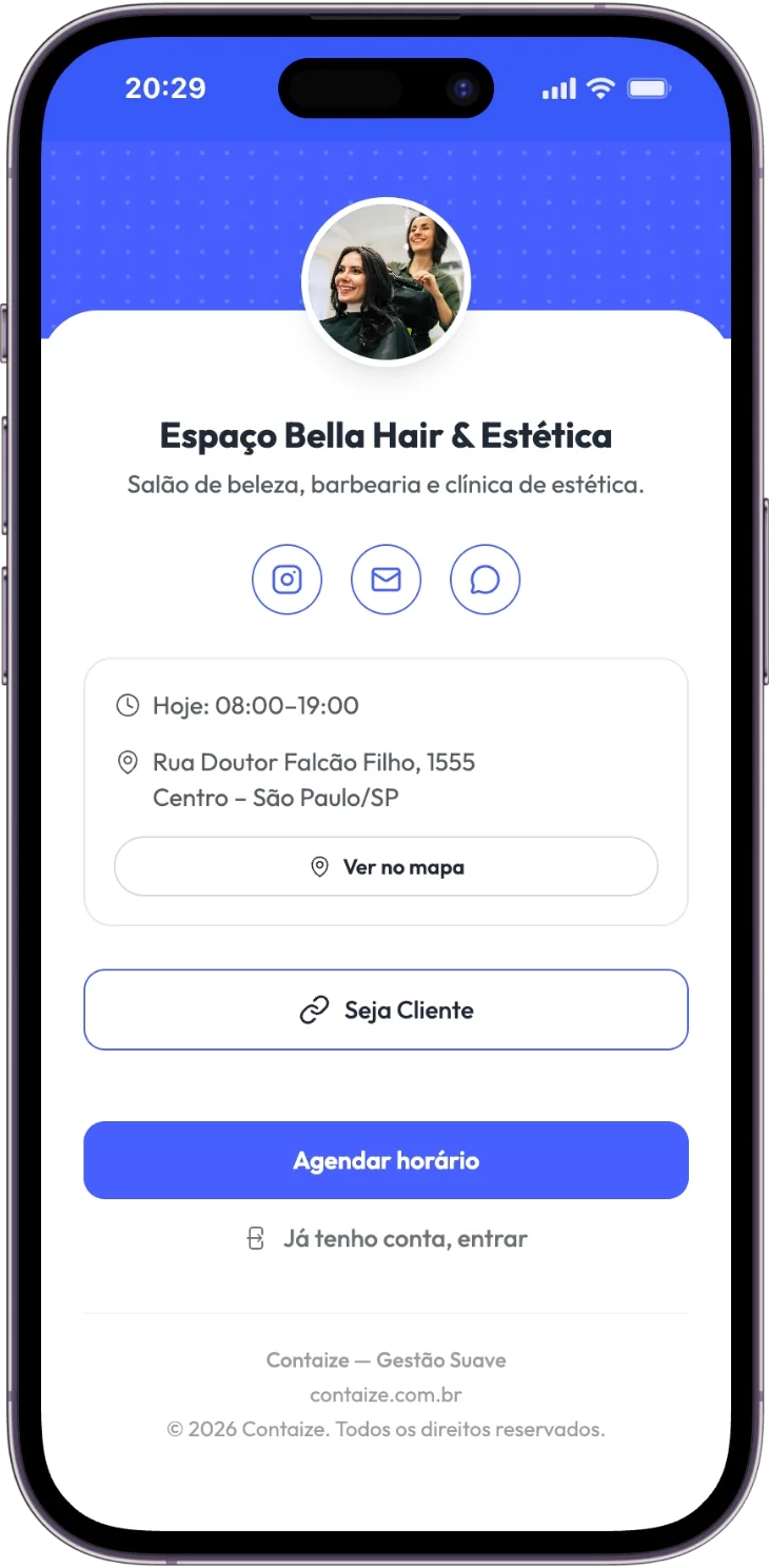 Chega de mandar Instagram, WhatsApp e endereço em 5 mensagens separadas: a página que faz seu salão vender sozinho